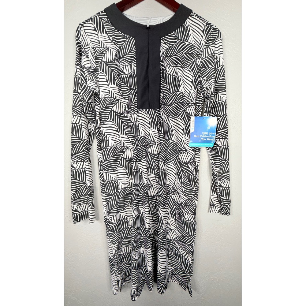Coolibar Shoreside Swim Cover-Up Dress Womens M Black White Leaf UPF 50+ 10601